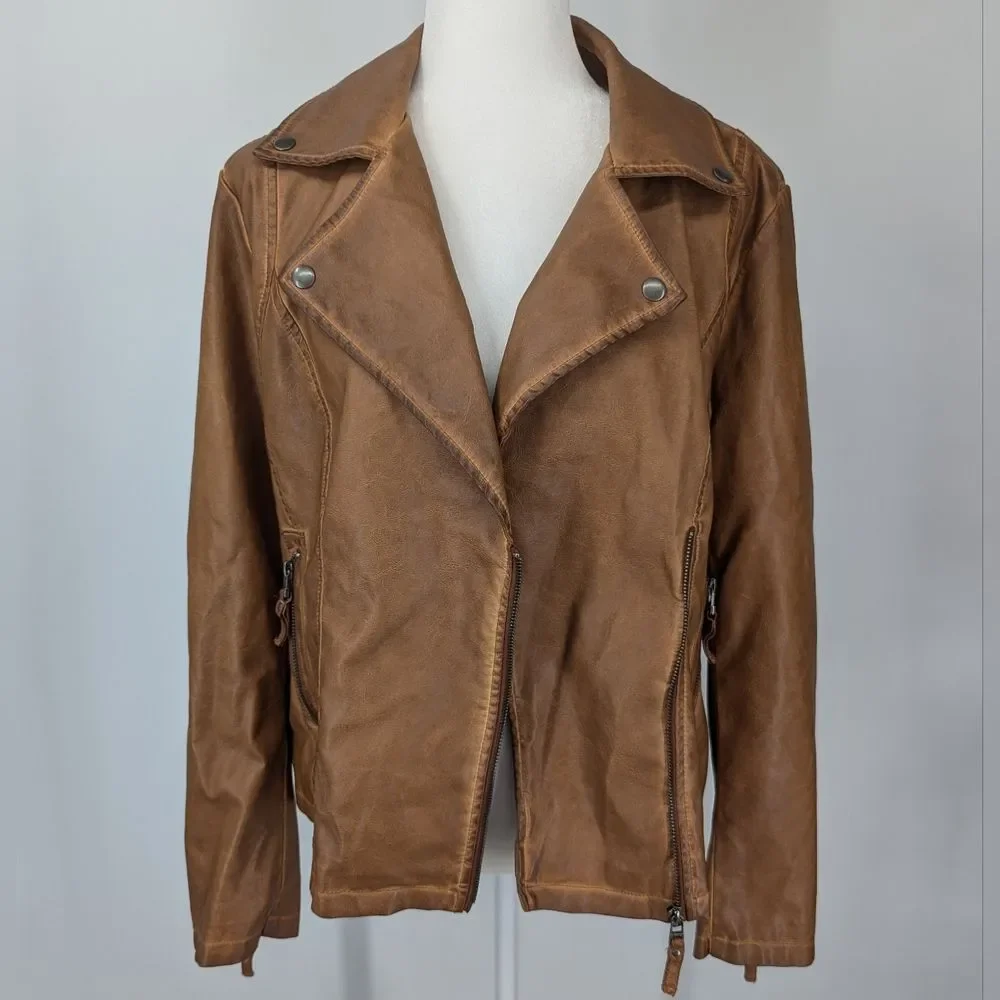 Max Studio Vegan Faux Leather Asymmetric Zip Moto Jacket Cognac Brown Large NWT